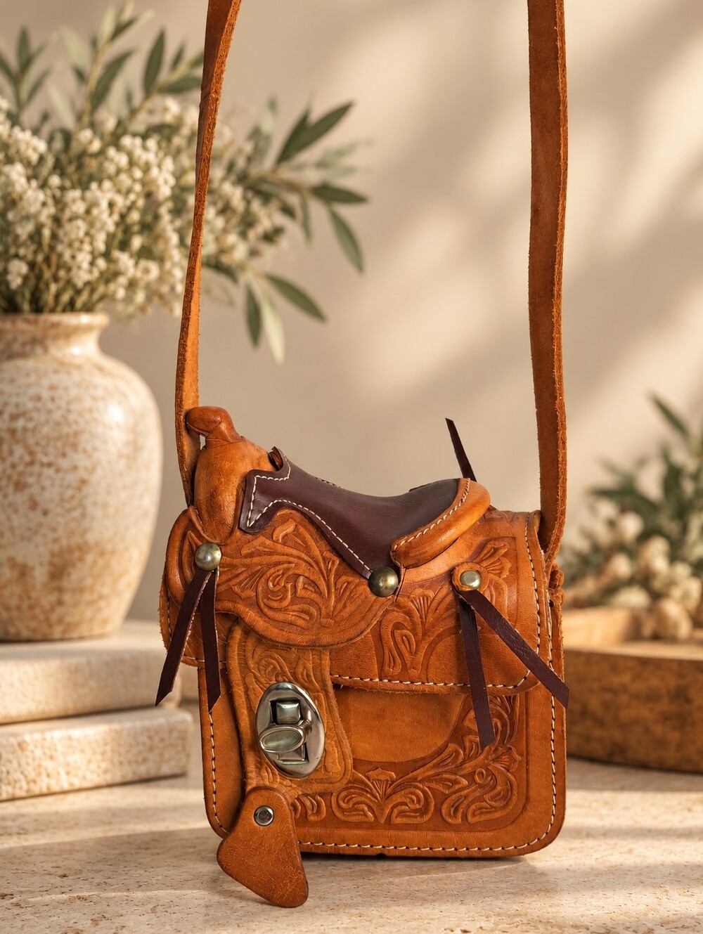 Handcrafted Western Saddle Bag Hand Tooled Leather Vintage